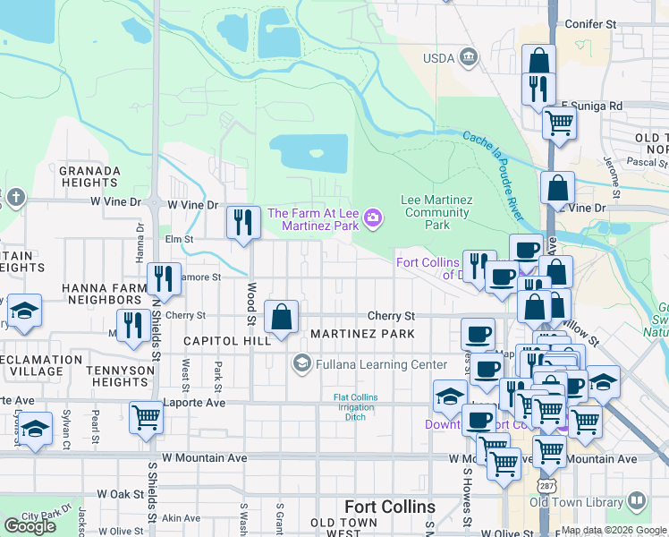 map of restaurants, bars, coffee shops, grocery stores, and more near 518 North Loomis Avenue in Fort Collins