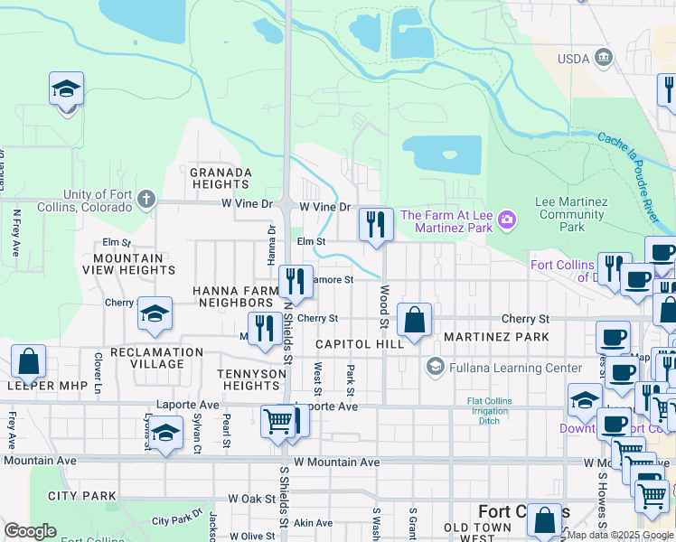 map of restaurants, bars, coffee shops, grocery stores, and more near 517 Park Street in Fort Collins