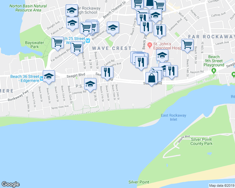 map of restaurants, bars, coffee shops, grocery stores, and more near 183 Beach 24th Street in Queens