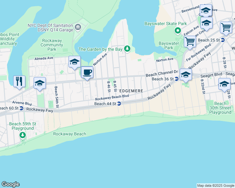 map of restaurants, bars, coffee shops, grocery stores, and more near 4420 Reinhart Road in Queens