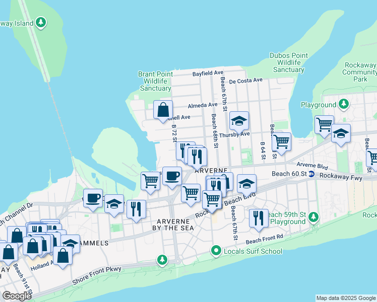 map of restaurants, bars, coffee shops, grocery stores, and more near 69-45 Thursby Avenue in Queens