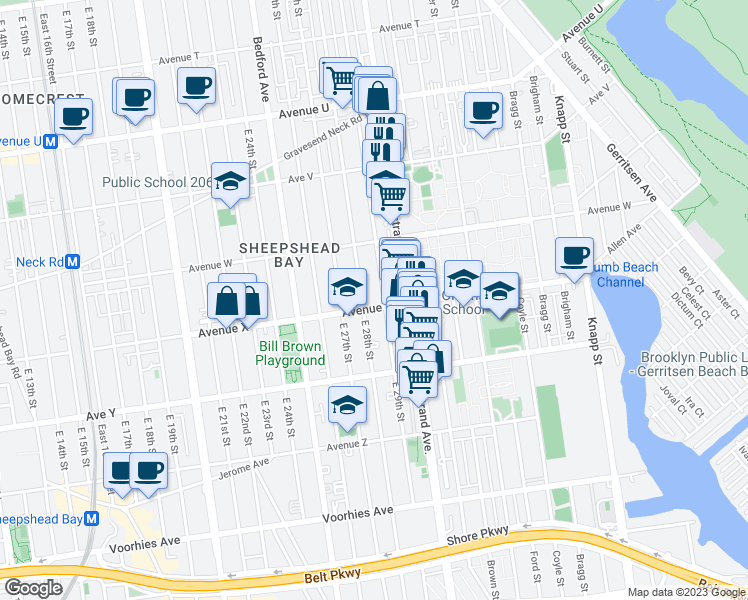 map of restaurants, bars, coffee shops, grocery stores, and more near 2347 East 28th Street in Brooklyn