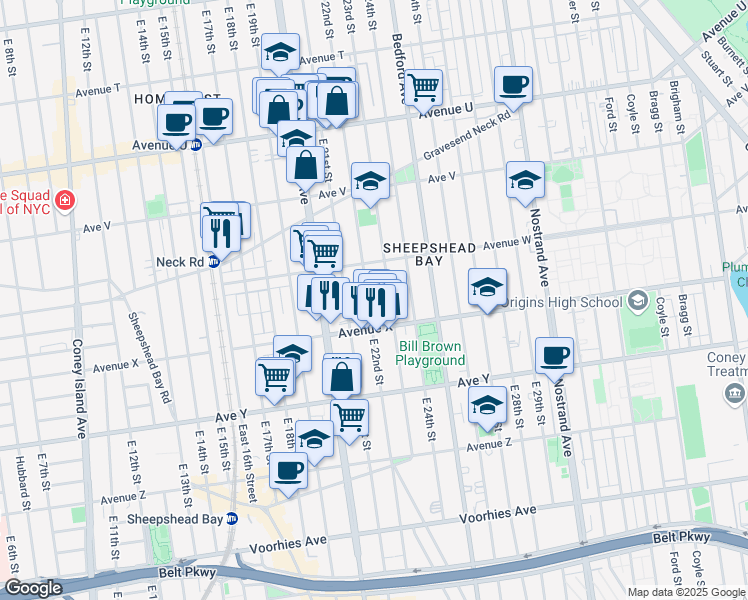 map of restaurants, bars, coffee shops, grocery stores, and more near 2325 East 22nd Street in Brooklyn