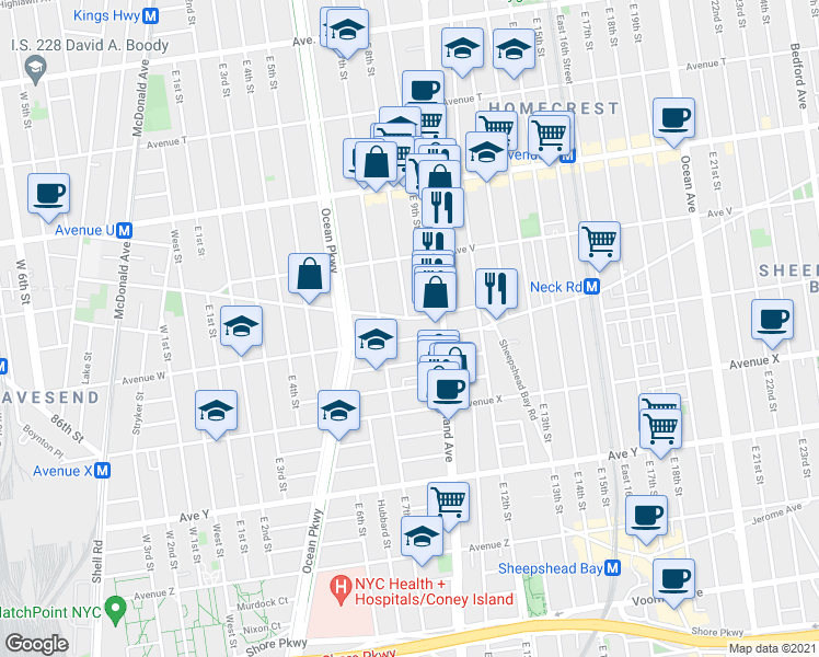 map of restaurants, bars, coffee shops, grocery stores, and more near 2263 East 8th Street in Brooklyn