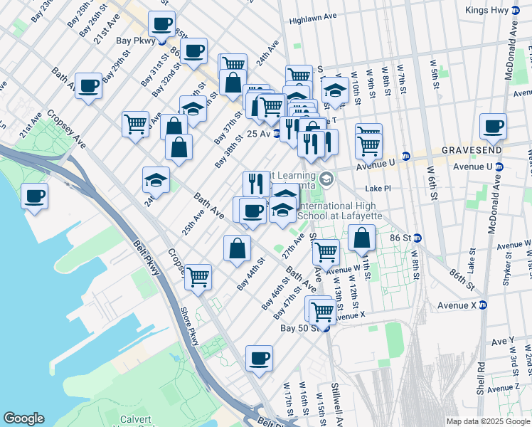 map of restaurants, bars, coffee shops, grocery stores, and more near 8710 26th Avenue in Brooklyn