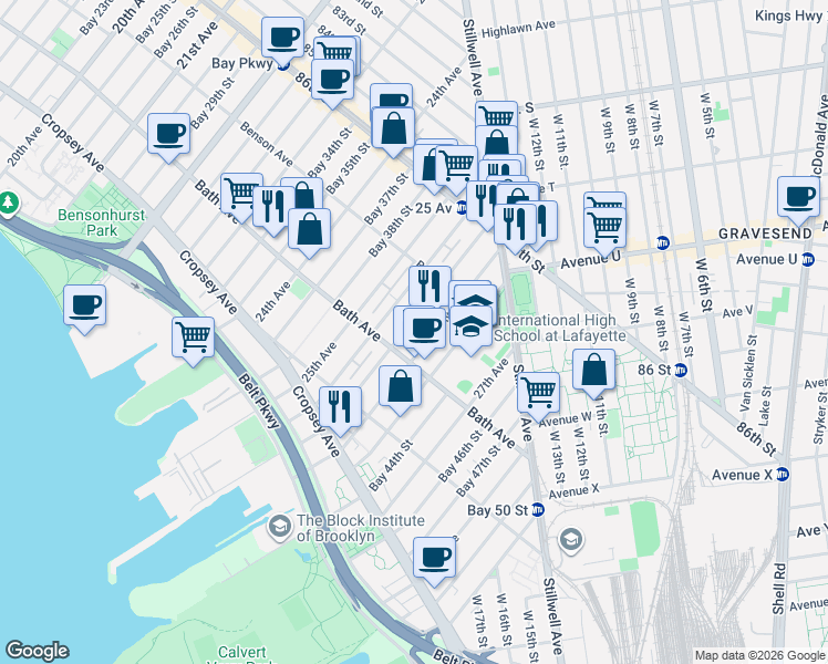 map of restaurants, bars, coffee shops, grocery stores, and more near 139 Bay 40th Street in Brooklyn
