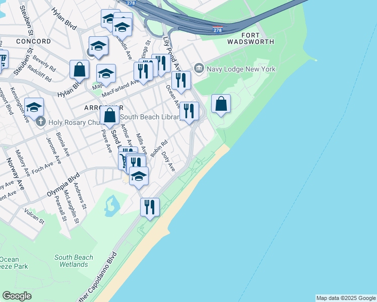 map of restaurants, bars, coffee shops, grocery stores, and more near 162 Ocean Avenue in Staten Island