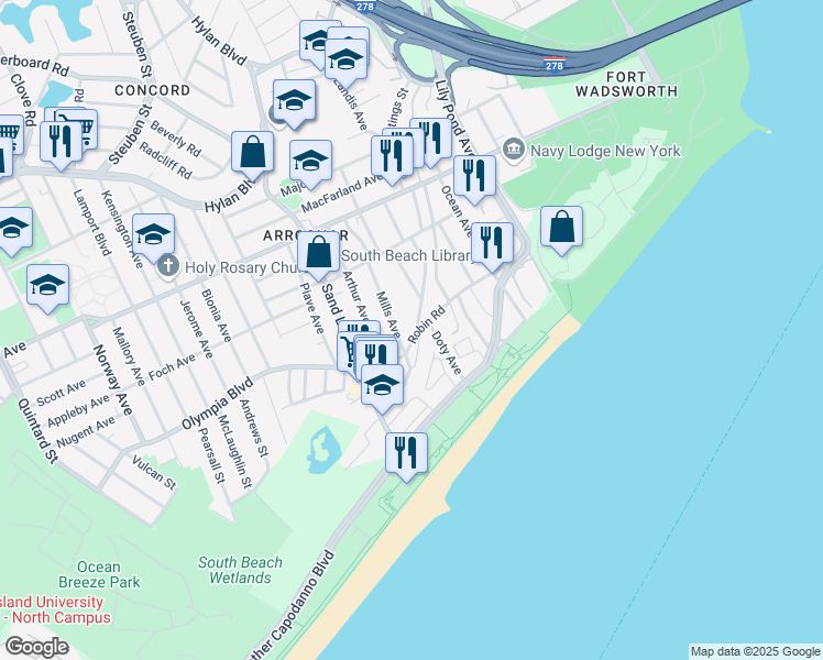 map of restaurants, bars, coffee shops, grocery stores, and more near 117 Mills Avenue in Staten Island