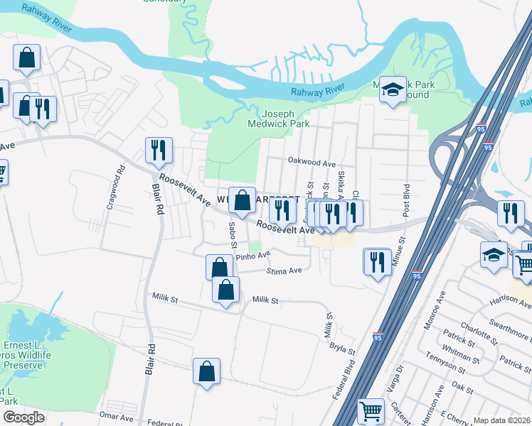map of restaurants, bars, coffee shops, grocery stores, and more near 117 William Street in Carteret
