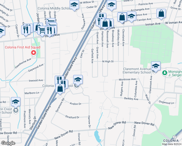 map of restaurants, bars, coffee shops, grocery stores, and more near 150 Garfield Avenue in Woodbridge Township