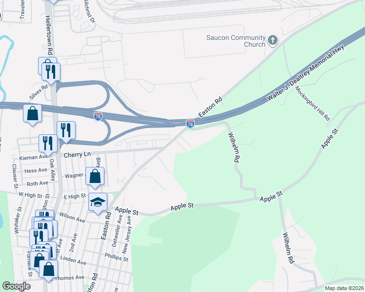 map of restaurants, bars, coffee shops, grocery stores, and more near 3820 Wilhelm Road in Bethlehem