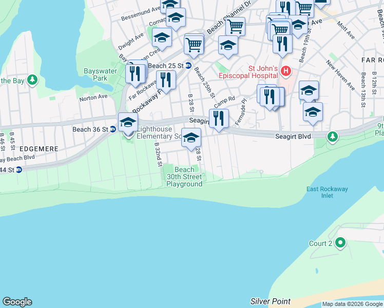 map of restaurants, bars, coffee shops, grocery stores, and more near 160 Beach 29th Street in Queens
