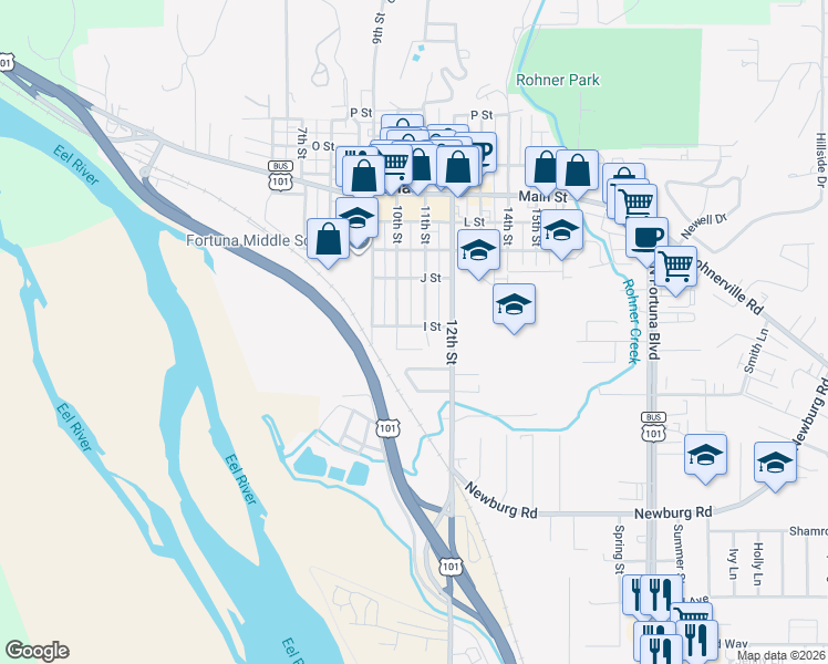 map of restaurants, bars, coffee shops, grocery stores, and more near 353 10th Street in Fortuna