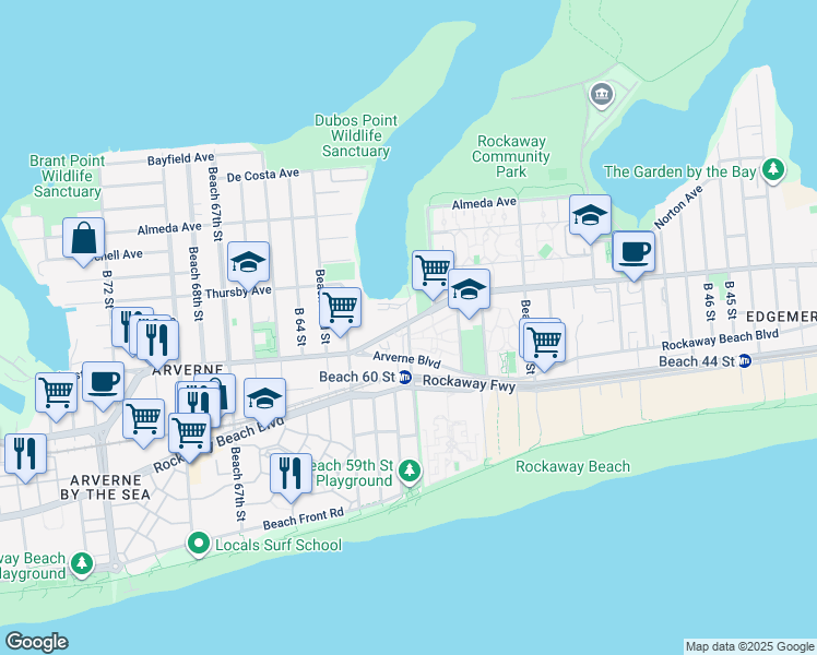 map of restaurants, bars, coffee shops, grocery stores, and more near 360 Beach 59th Street in Queens