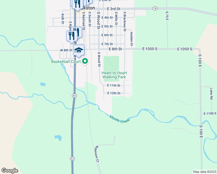 map of restaurants, bars, coffee shops, grocery stores, and more near 300-498 East 11th Street in Brookston