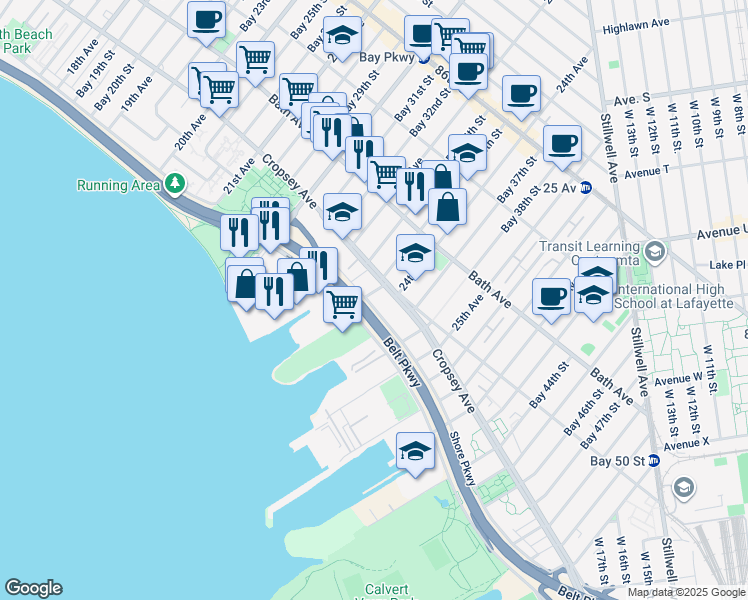 map of restaurants, bars, coffee shops, grocery stores, and more near 8881 24th Avenue in Brooklyn