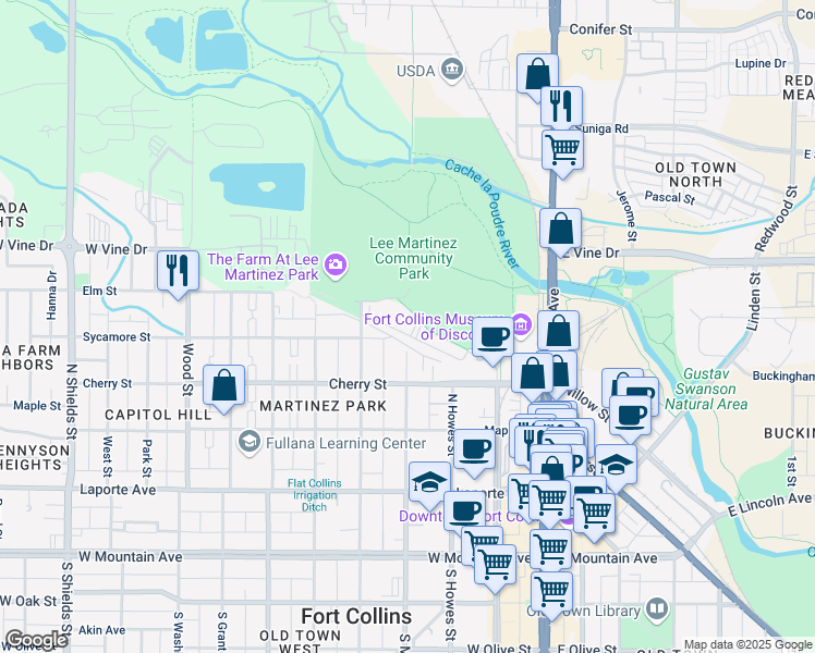 map of restaurants, bars, coffee shops, grocery stores, and more near 520 North Sherwood Street in Fort Collins