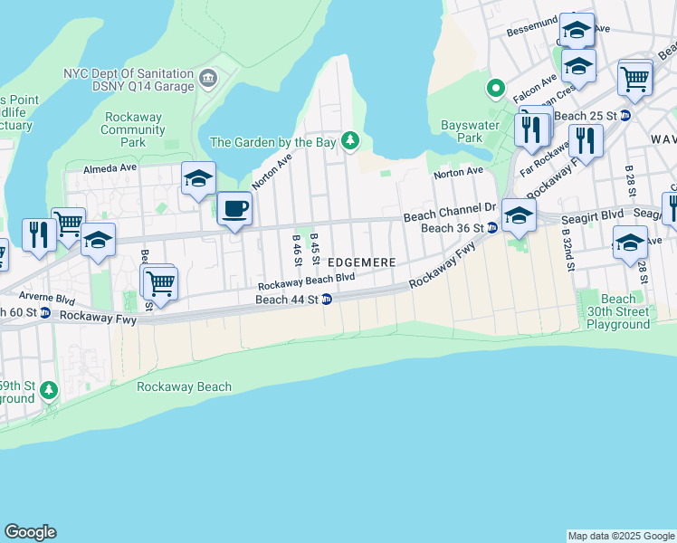 map of restaurants, bars, coffee shops, grocery stores, and more near 4420 Reinhart Road in Queens