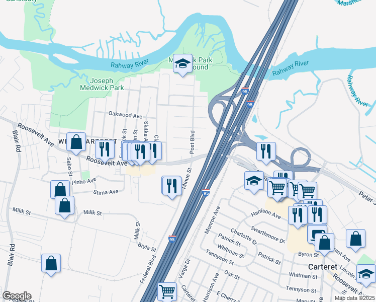 map of restaurants, bars, coffee shops, grocery stores, and more near 8 Vermont Avenue in Carteret