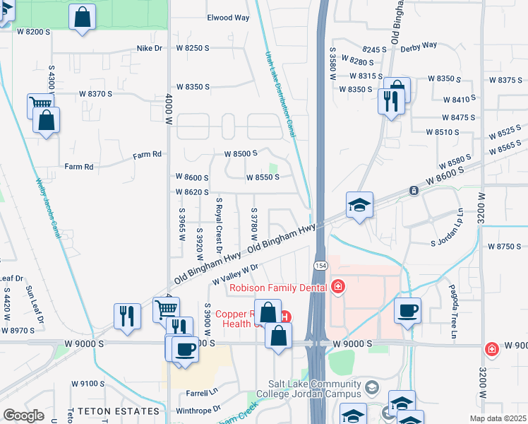 map of restaurants, bars, coffee shops, grocery stores, and more near 8674 South 3720 West in West Jordan