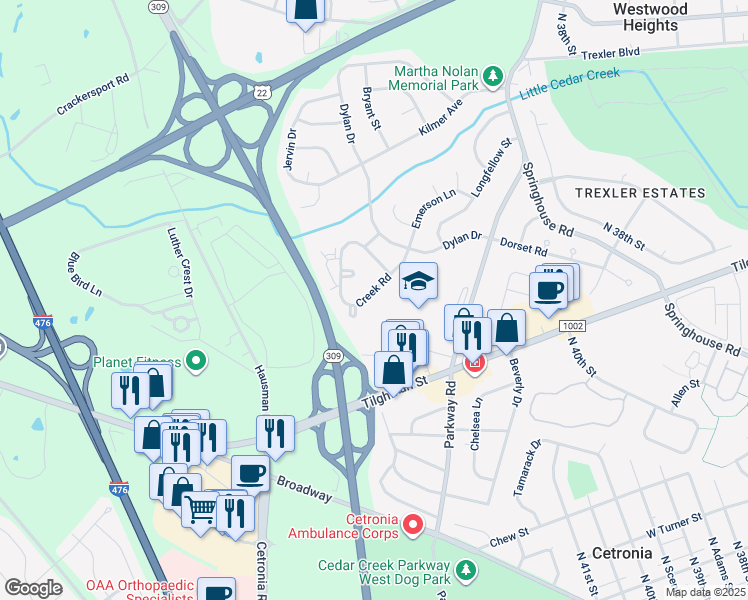 map of restaurants, bars, coffee shops, grocery stores, and more near 4334 Creek Road in Allentown