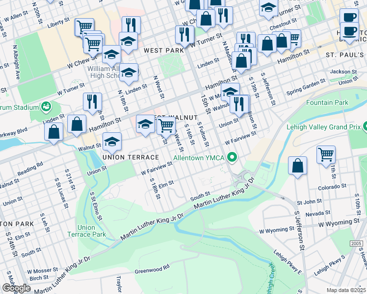 map of restaurants, bars, coffee shops, grocery stores, and more near 213 South West Street in Allentown