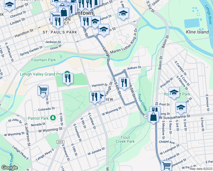 map of restaurants, bars, coffee shops, grocery stores, and more near 698 Harrison Street in Allentown