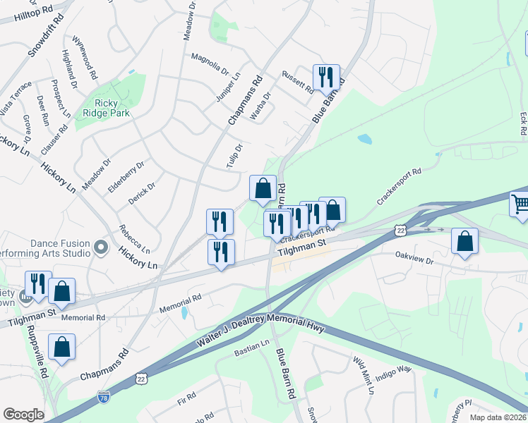 map of restaurants, bars, coffee shops, grocery stores, and more near 5829 Tilghman Street in Allentown