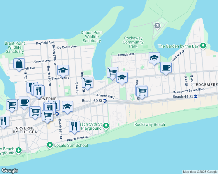map of restaurants, bars, coffee shops, grocery stores, and more near 324 Beach 59th Street in Queens