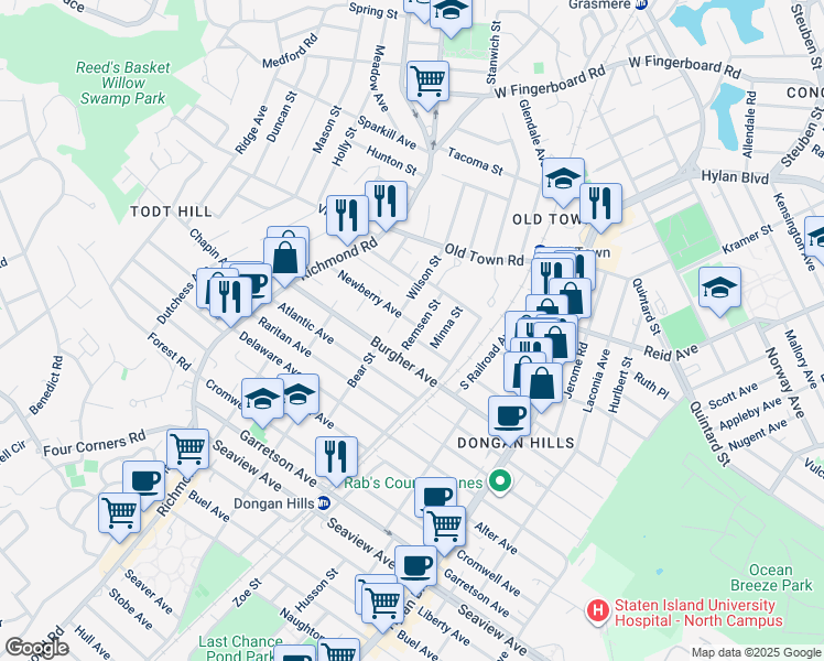 map of restaurants, bars, coffee shops, grocery stores, and more near 53 Remsen Street in Staten Island