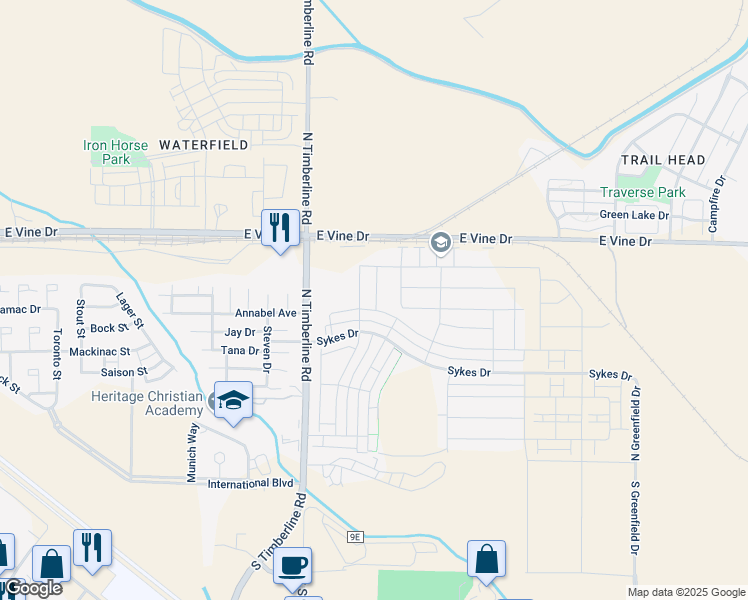 map of restaurants, bars, coffee shops, grocery stores, and more near 526 Zeppelin Way in Fort Collins
