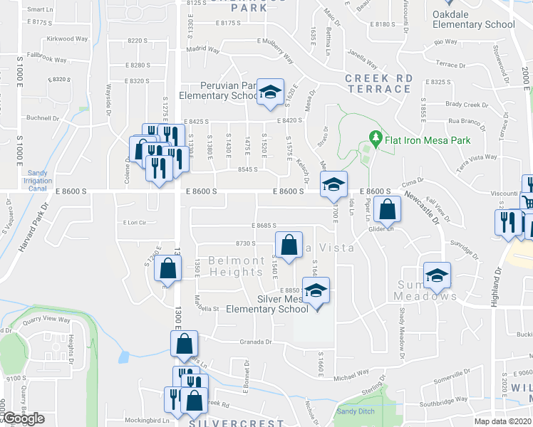 map of restaurants, bars, coffee shops, grocery stores, and more near 1543 East 8640 South in Sandy