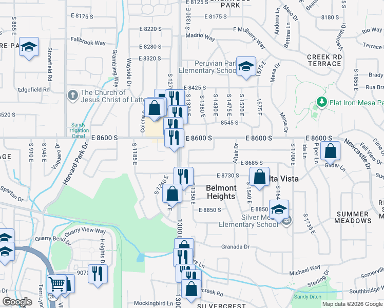 map of restaurants, bars, coffee shops, grocery stores, and more near 1345 Sudbury Avenue in Sandy