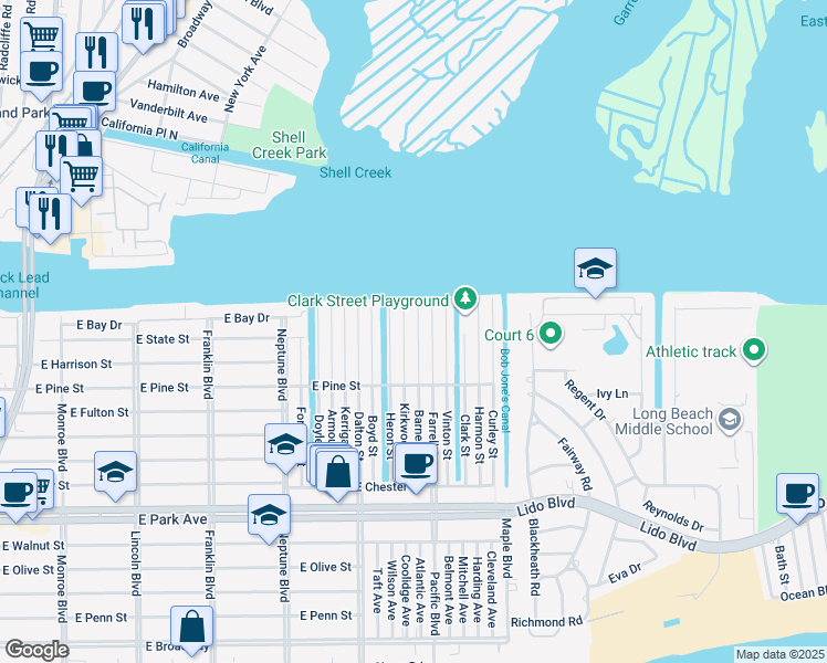 map of restaurants, bars, coffee shops, grocery stores, and more near 88 Heron Street in Long Beach