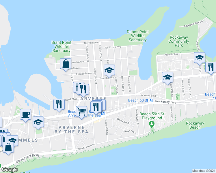 map of restaurants, bars, coffee shops, grocery stores, and more near 449 Beach 66th Street in Queens