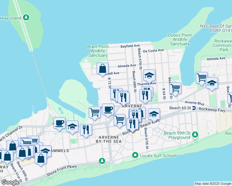 map of restaurants, bars, coffee shops, grocery stores, and more near 69-45 Thursby Avenue in Queens