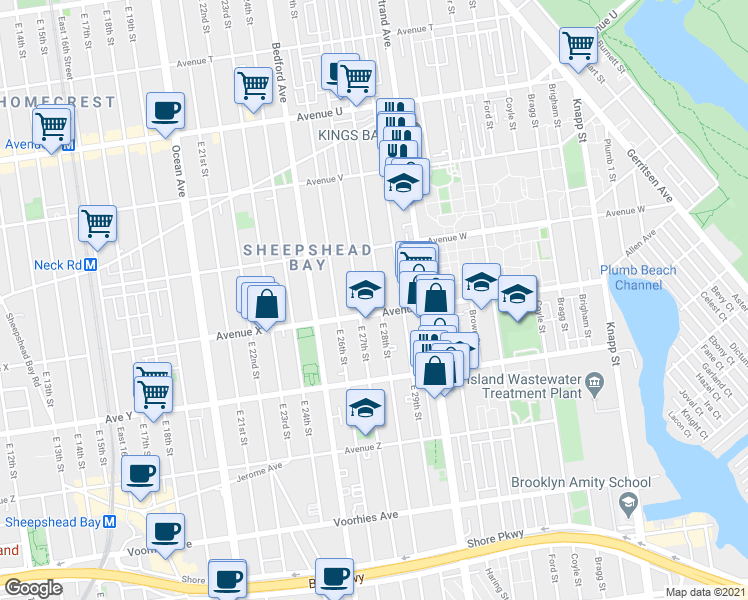map of restaurants, bars, coffee shops, grocery stores, and more near 2347 East 28th Street in Brooklyn