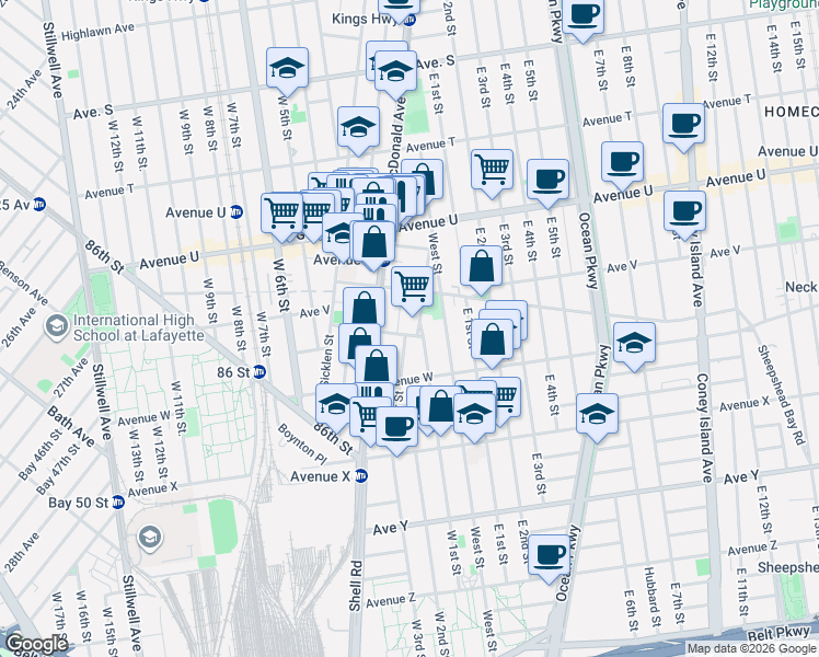 map of restaurants, bars, coffee shops, grocery stores, and more near 25 Village Court in Brooklyn