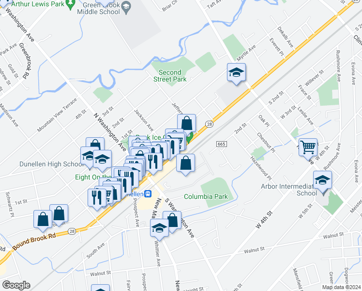 map of restaurants, bars, coffee shops, grocery stores, and more near 130 North Avenue in Dunellen
