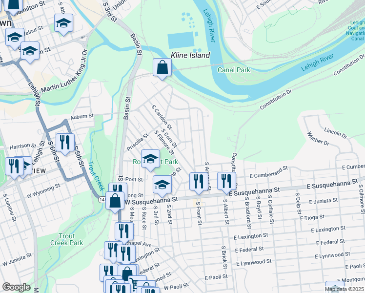 map of restaurants, bars, coffee shops, grocery stores, and more near 119 Saint John Street in Allentown