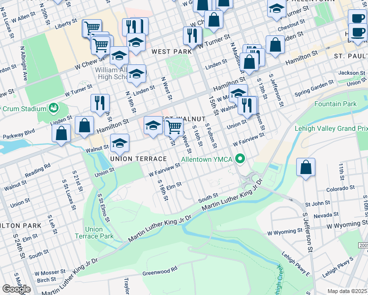 map of restaurants, bars, coffee shops, grocery stores, and more near 1285 North West Street in Allentown