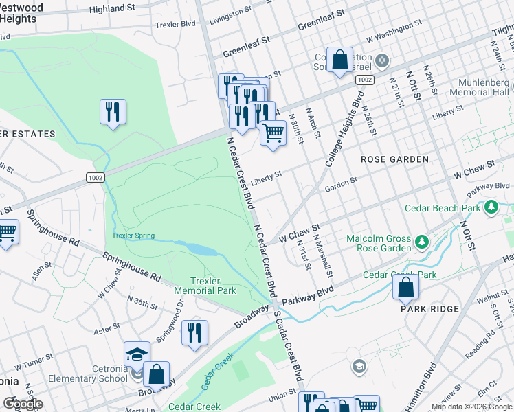 map of restaurants, bars, coffee shops, grocery stores, and more near 3145 Shrewsbury Road in Allentown