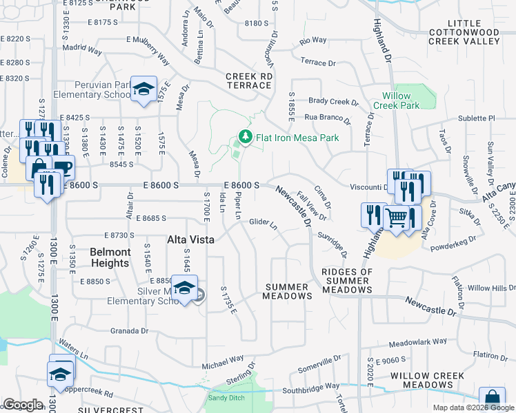 map of restaurants, bars, coffee shops, grocery stores, and more near 8649 South Cessna Circle in Sandy