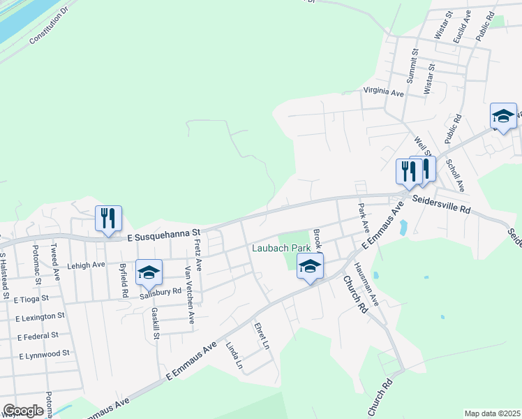 map of restaurants, bars, coffee shops, grocery stores, and more near 1525 East Susquehanna Street in Allentown