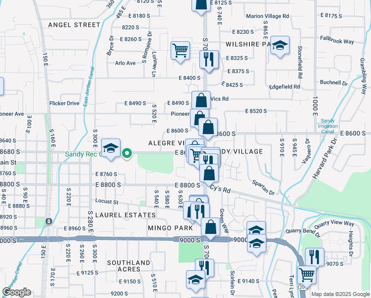 map of restaurants, bars, coffee shops, grocery stores, and more near 627 East 8680 South in Sandy