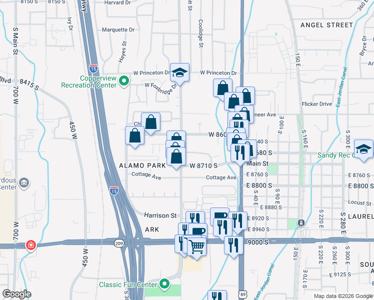 map of restaurants, bars, coffee shops, grocery stores, and more near 140 Paula Drive in Sandy