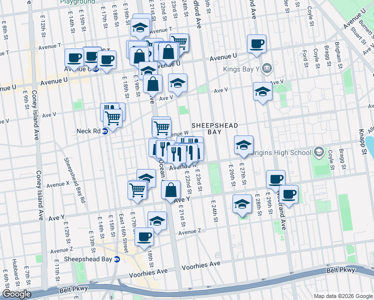 map of restaurants, bars, coffee shops, grocery stores, and more near 2325 East 22nd Street in Brooklyn