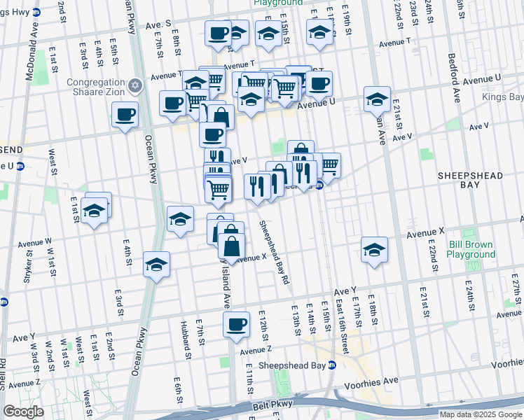map of restaurants, bars, coffee shops, grocery stores, and more near 1200 Gravesend Neck Road in Brooklyn