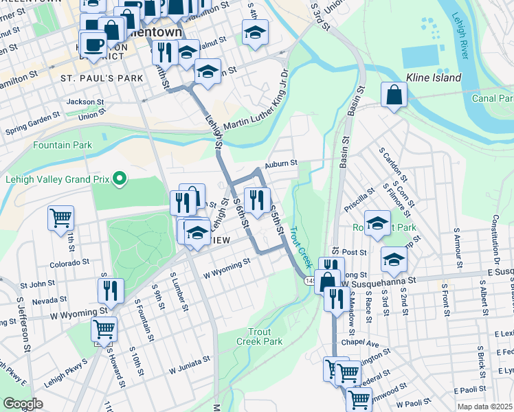 map of restaurants, bars, coffee shops, grocery stores, and more near 521 Cleveland Street in Allentown