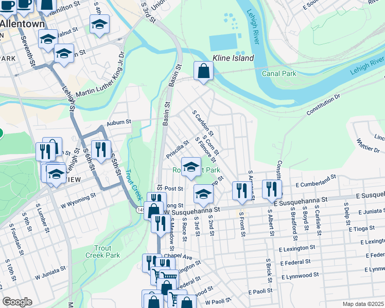 map of restaurants, bars, coffee shops, grocery stores, and more near 729 Genesee Street in Allentown